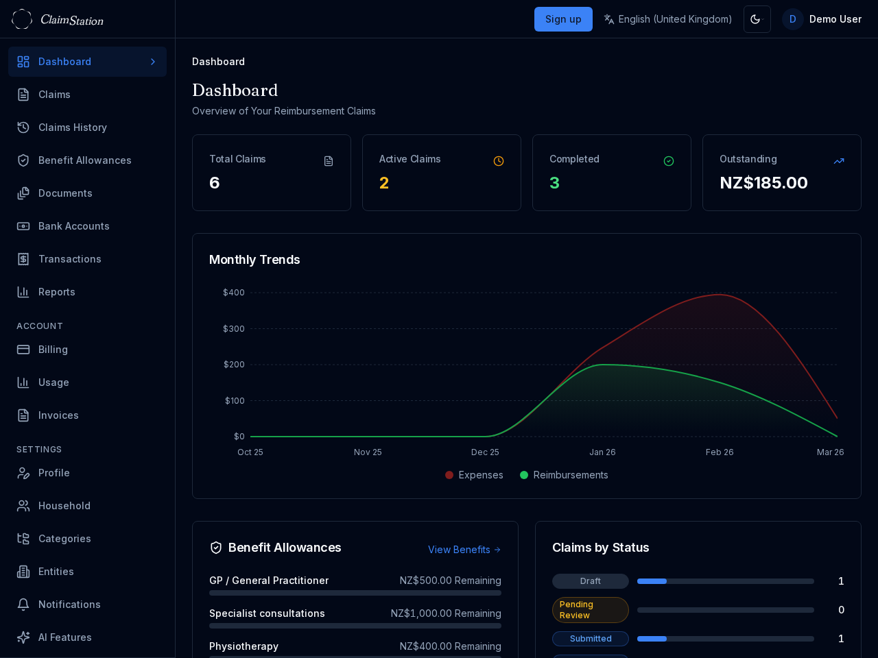ClaimStation dashboard showing claims overview